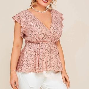 Plus Ruffle Armhole Belted Ditsy Floral Top